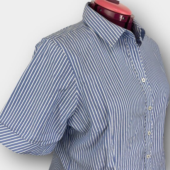 Denver Hayes Pin-Stripe Stretch Blouse XL Blue / White Short-Sleeve Button Front - Picture 5 of 8